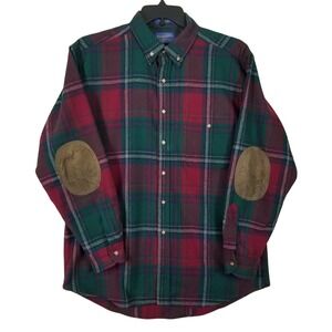 Pendleton Men Wool Plaid Shirt L Red Green Elbow Patches Made in USA Button Down
